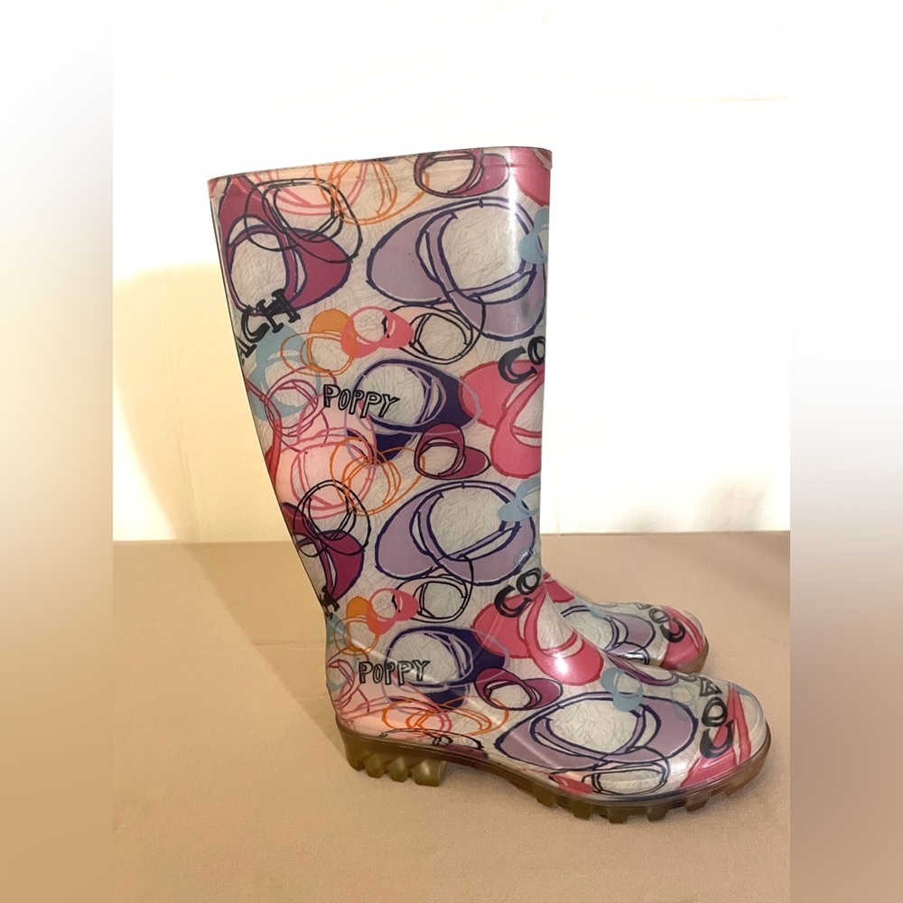 Coach Pink Purple Multi-Color Graphic Rain Boots